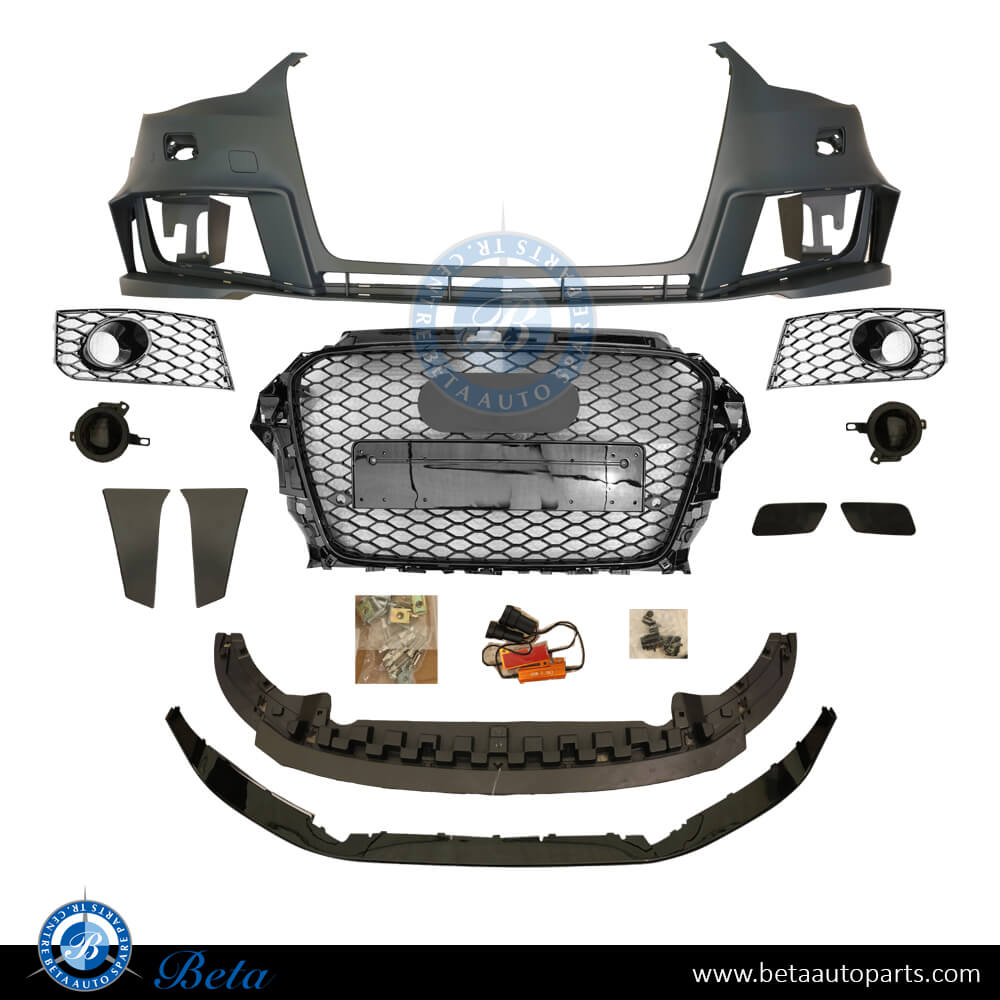 Front Bumper with PDC / Park Assist / Washer RS3 Look for Audi A3 Hatchback 2013-2016 models, Part Number 8V0807065E Front Bumper with PDC / Park Assist / Washer RS3 Look for Audi A3 Hatchback 2013-2016 models, Part Number 8V0807065E